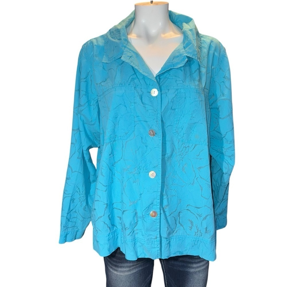Denim & Co. Women’s Button Down Top Teal Size 1X Sheer Cotton Blend MOP Buttons